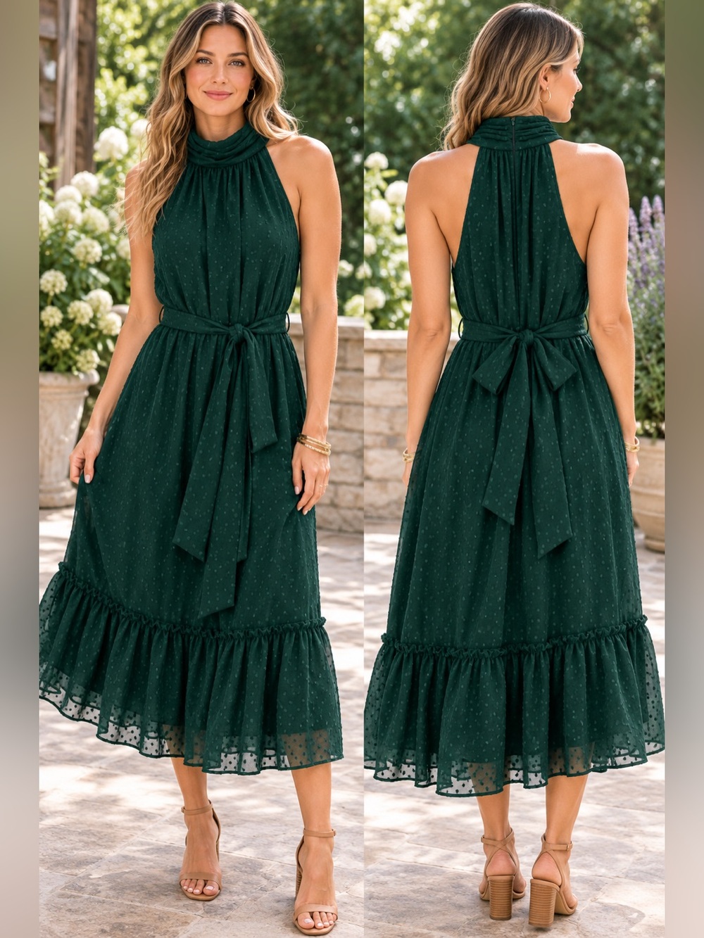 Just Taylor Emerald Green Swiss Dot Halter Midi Dress Size 12 Wedding Guest NWT